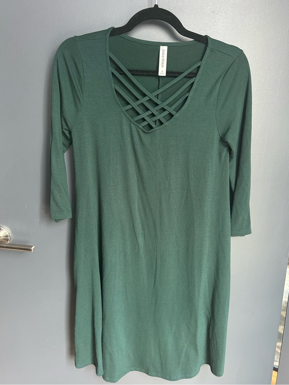 Zenana Outfitters Forest Green Crisscross V-Neck Long Sleeve Dress